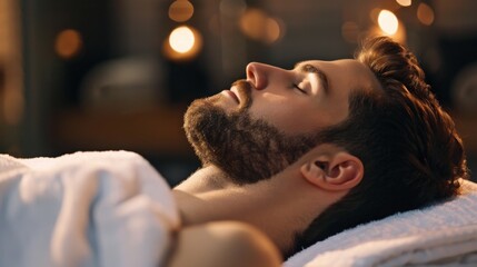 A bearded man lies back on a plush towel, his eyes closed in a serene spa setting with ambient warm...