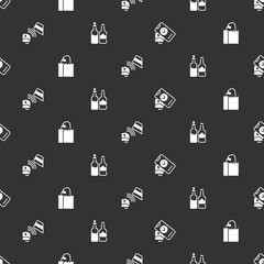 Set POS terminal, Paper bag with bread loaf, credit card and Whiskey bottle on seamless pattern. Vector