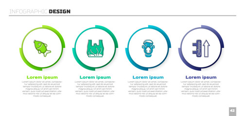 Set Dead fish, Say no to plastic bags poster, Face in protective mask and Global warming. Business infographic template. Vector
