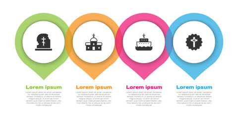 Set Grave with tombstone, Church building, Ark of noah and Christian cross. Business infographic template. Vector