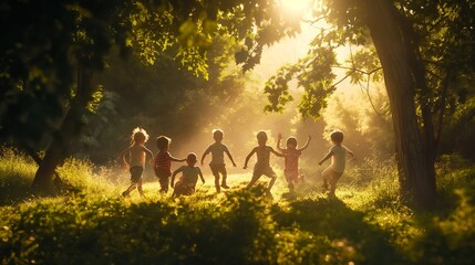 A group of children playing in a sun-drenched park, laughter echoing through the trees.