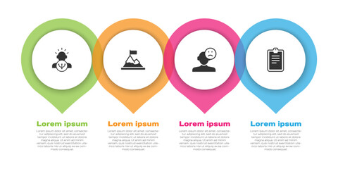 Set Psychology, Mountains with flag on top, Sad and depressed man, bad mood and Psychological test. Business infographic template. Vector