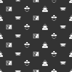 Set Kitchen apron, Watermelon, Folded map and Camping hat on seamless pattern. Vector