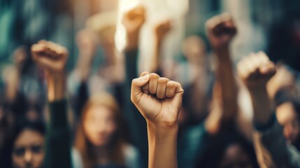 A group of protestors raising their voices in solidarity, fists clenched in determination.
