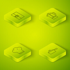 Set Isometric line Teapot, Chef hat, Frying pan and Refrigerator icon. Vector
