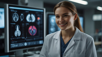 doctor looking at x ray Cross-Disciplinary Excellence Female Doctor Leading in High-Tech Lab