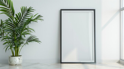 A black framed white picture sits on a white wall. The room is decorated with a potted plant and a vase. The room has a clean and minimalistic look
