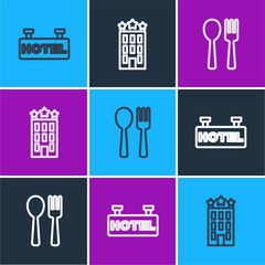 Set line Signboard with text Hotel, Fork and spoon and building icon. Vector