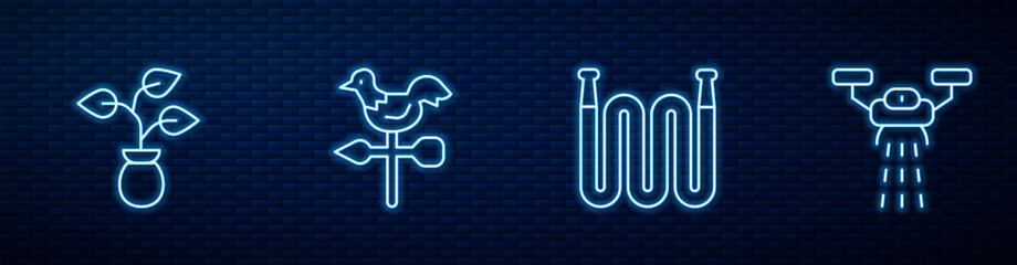 Set line Garden hose, Plant, Rooster weather vane and Smart farm with drone. Glowing neon icon on brick wall. Vector