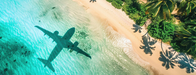 A plane is flying over a beach with palm trees in the background