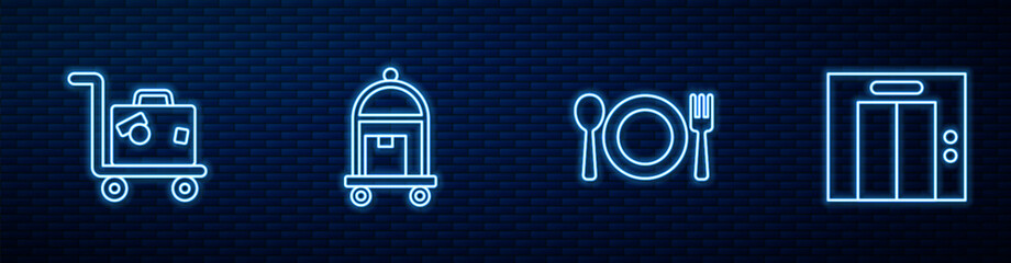 Set line Plate, fork and knife, Suitcase, and Lift. Glowing neon icon on brick wall. Vector