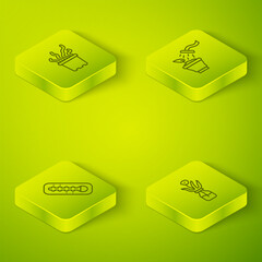 Set Isometric line Spraying plant, Meteorology thermometer, Flower glass bottle and Exotic tropical pot icon. Vector