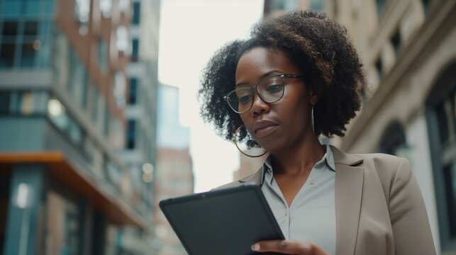 Professional African American Woman Using Tablet on City Street