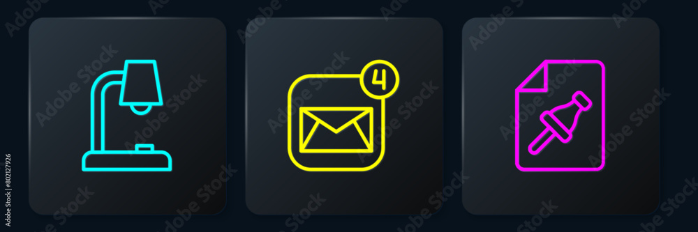 Poster set line table lamp, note paper with push button and envelope. black square button. vector