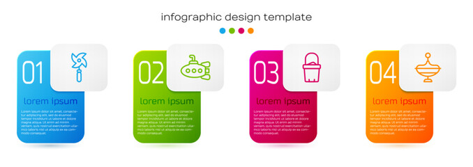 Set line Pinwheel toy, Submarine, Sand bucket and Whirligig. Business infographic template. Vector