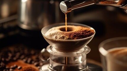 Batista making ground coffee in cafe, closeup. Professional coffee brewing process