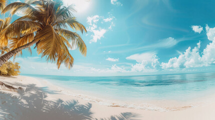 A beautiful beach with a palm tree in the foreground