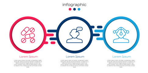 Set line Medicine pill or tablet, Online psychological counseling and Hypnosis. Business infographic template. Vector