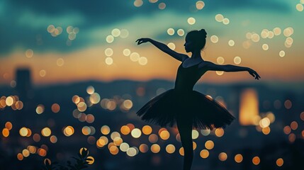 A young ballerina in mid-twirl, her elegant silhouette captured against a backdrop of city lights.