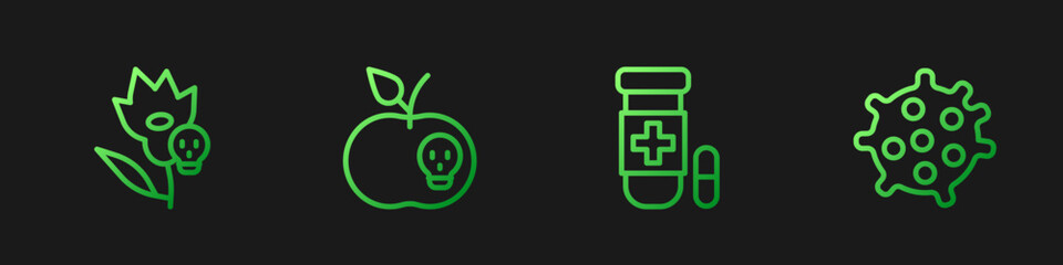 Set line Antidote, Poison flower, apple and Bacteria. Gradient color icons. Vector
