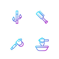 Set line Honey dipper stick with bowl, Wooden axe, Bamboo and Sauna brush. Gradient color icons. Vector