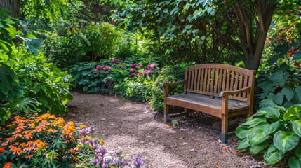 Charming garden nook with quaint wooden benches nestled among vibrant foliage, creating a tranquil oasis for visitors.