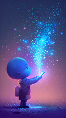 Naklejka premium A young boy is holding a tablet in his hand, and a blue light is shining on him. Concept of wonder and curiosity, as the boy is likely exploring the tablet's features and content. Generative AI