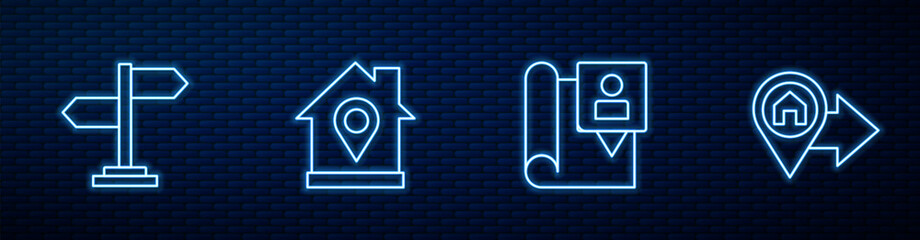 Set line Folded map with location marker, Road traffic sign, Location house and . Glowing neon icon on brick wall. Vector