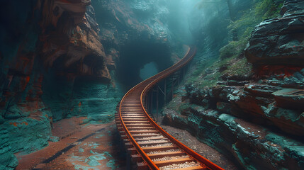Mystical Train Track Through a Cave, To provide a captivating and intriguing image of a train track in a cave for use in a variety of stock photo