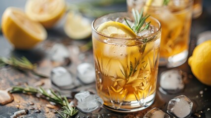 Iced tea or alcoholic cocktail with ice, rosemary and lemon slices on the old brown table. Fresh healthy cold lemon beverage. Tea with ice and lemon