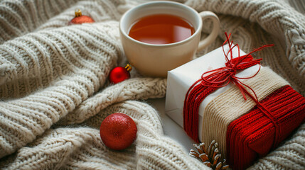 Fototapeta na wymiar Cup of tea Christmas gift and decor on warm sweater