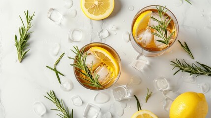Iced tea or alcoholic cocktail with ice, rosemary and lemon slices on the white table. Fresh healthy cold lemon beverage. Tea with ice and lemon.
