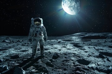 An astronaut is standing on the moons surface, surrounded by craters and the vast expanse of space