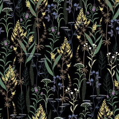 vector seamless pattern with wild flowers on a black background