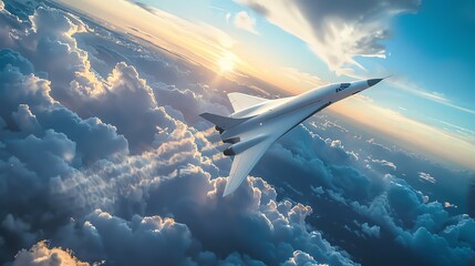 a hypersonic passenger airliner flying at high altitude above the clouds at sunset