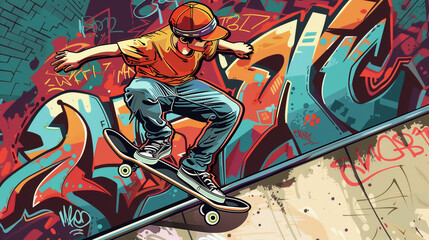 Skateboarding - A skateboarder performing a trick on a half-pipe, with urban graffiti in the background