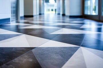 Closeup of the black and white checkered floor in a modern office corridor, showcasing geometric patterns and design