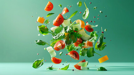 Dynamic floating salad ingredients captured in mid-air with a fresh vibe