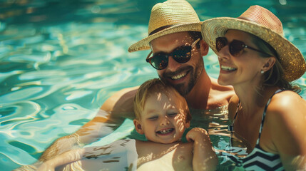 A family of three, a man and a woman and a child, are enjoying a swim in a pool