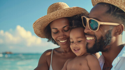 Fototapeta premium A family of three, a man, a woman and a child, are smiling