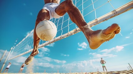Beach volleyball player executes agile net block showcasing summer olympics sports concept