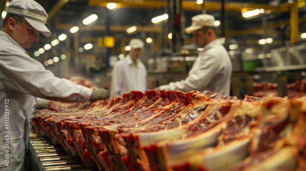 Wall mural depicting inspectors conducting thorough inspections of beef carcasses to ensure quality and safety standards are met