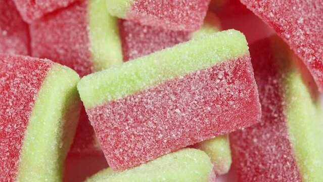 Gummy candies form of watermelon close up.