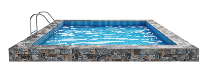 Large modern rectangular or square swimming pool filled with blue water png isolated on white or transparent background hd