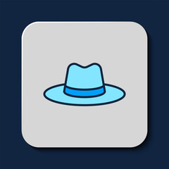 Filled outline Man hat with ribbon icon isolated on blue background. Vector
