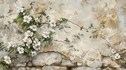 A beautiful stone wall with delicate white flowers growing out of the cracks.