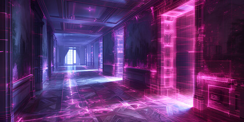 Fototapeta na wymiar Road to the future, purple neon glow art, cinematic art, detailed textures
