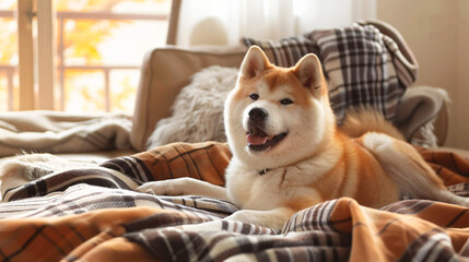 Cute Akita Inu dog with plaid at home 