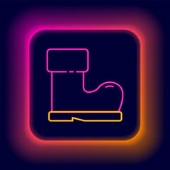 Glowing neon line Waterproof rubber boot icon isolated on black background. Gumboots for rainy weather, fishing, gardening. Colorful outline concept. Vector