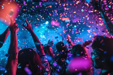 Vibrant party scene with colorful confetti raining down on a group of people dancing and celebrating